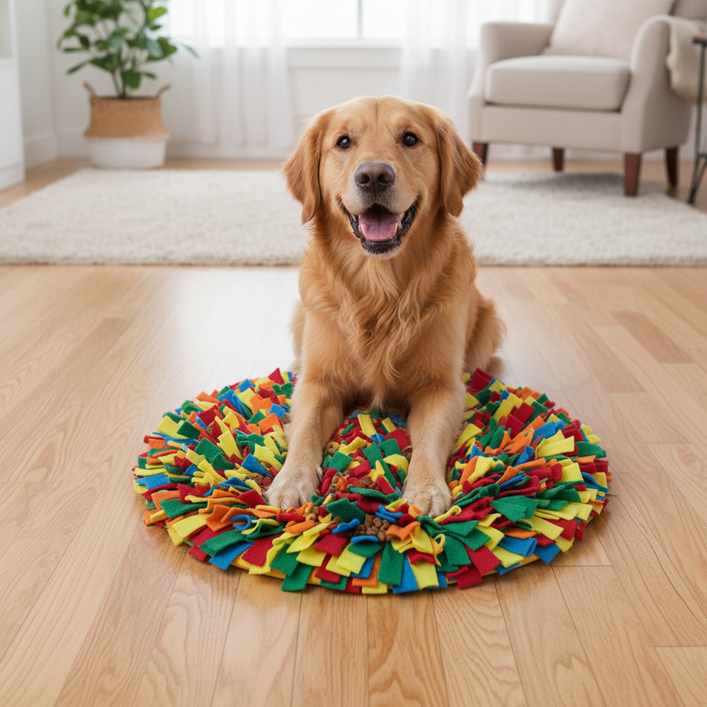 Golden retriever pawing at a snuffle mat puzzle toy