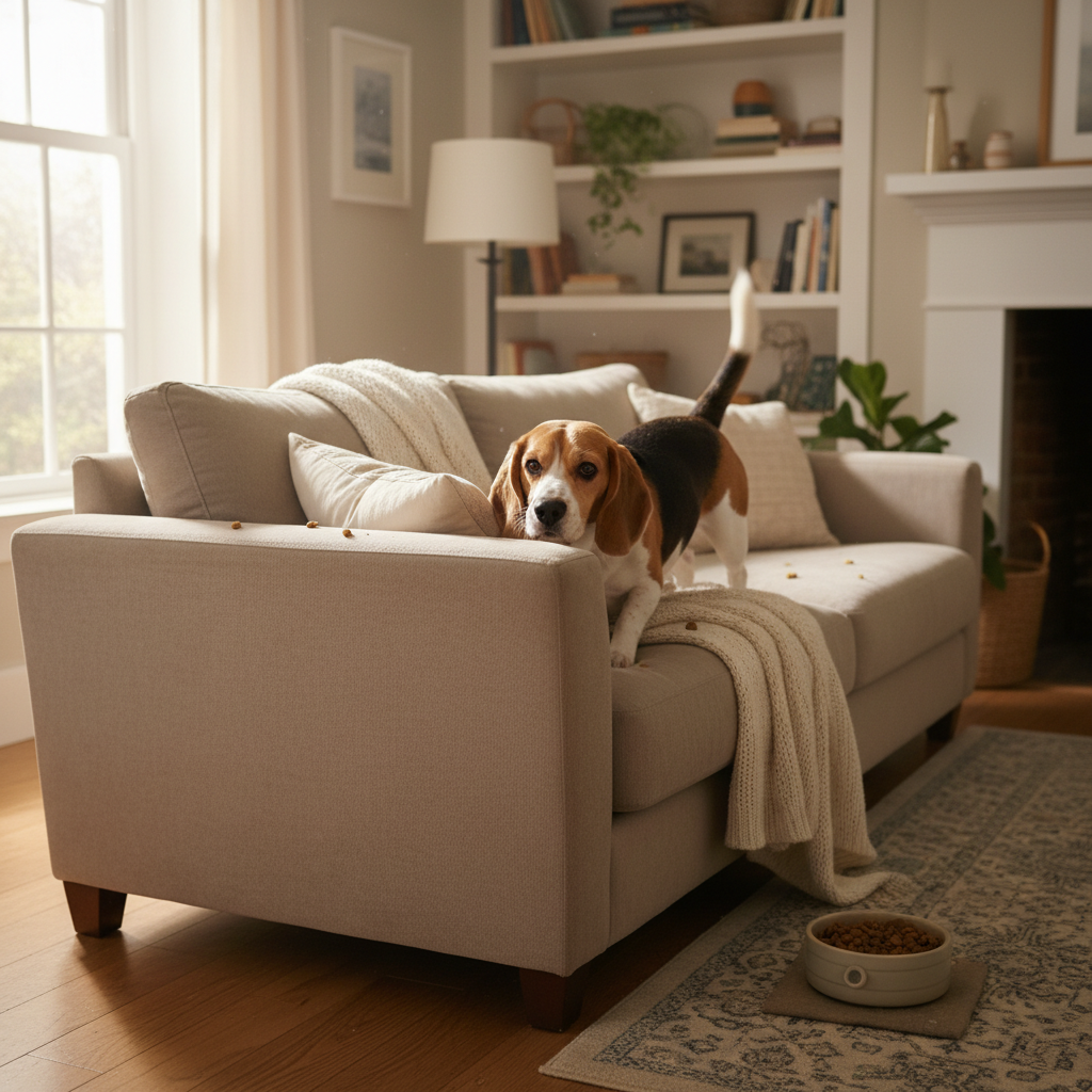 Beagle sniffing behind sofa cushions for hidden treats