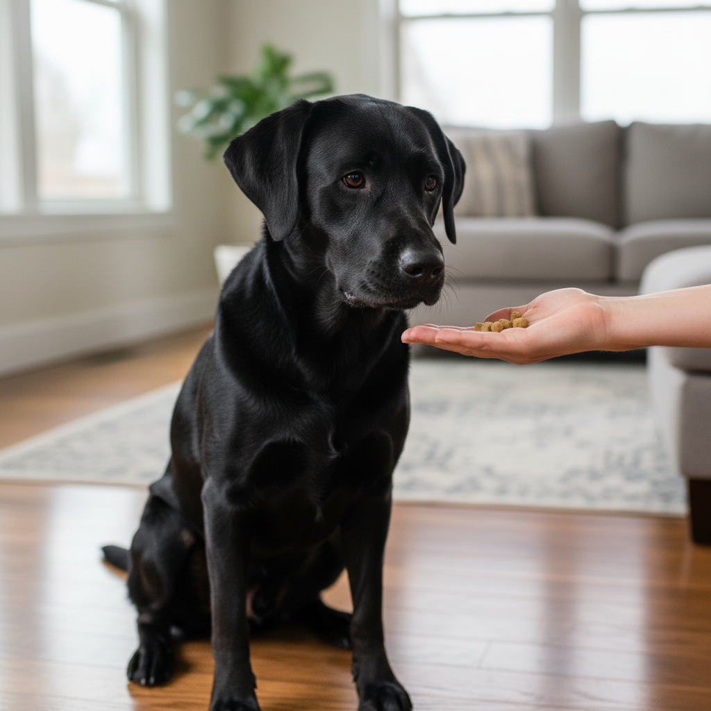 Black labrador focused on trick training with owner