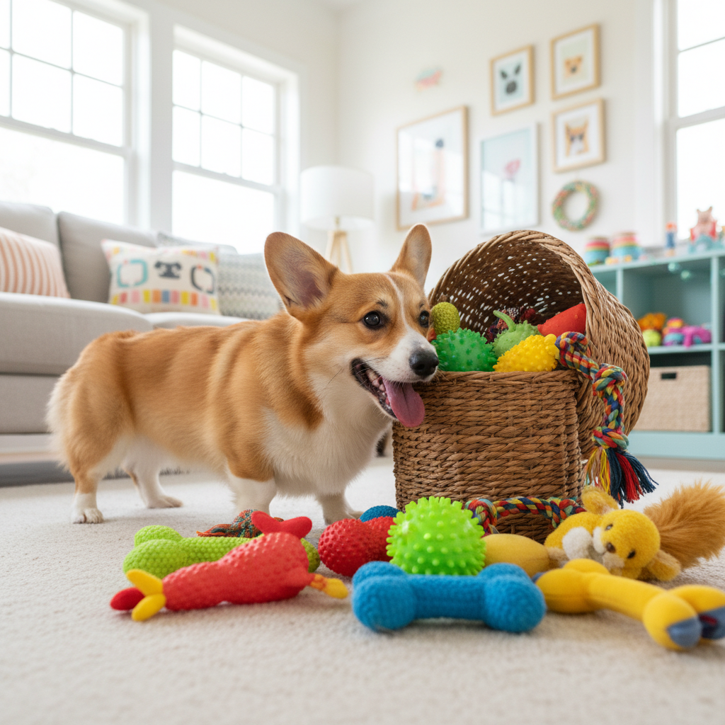 Corgi discovering a basket of colorful dog toys
