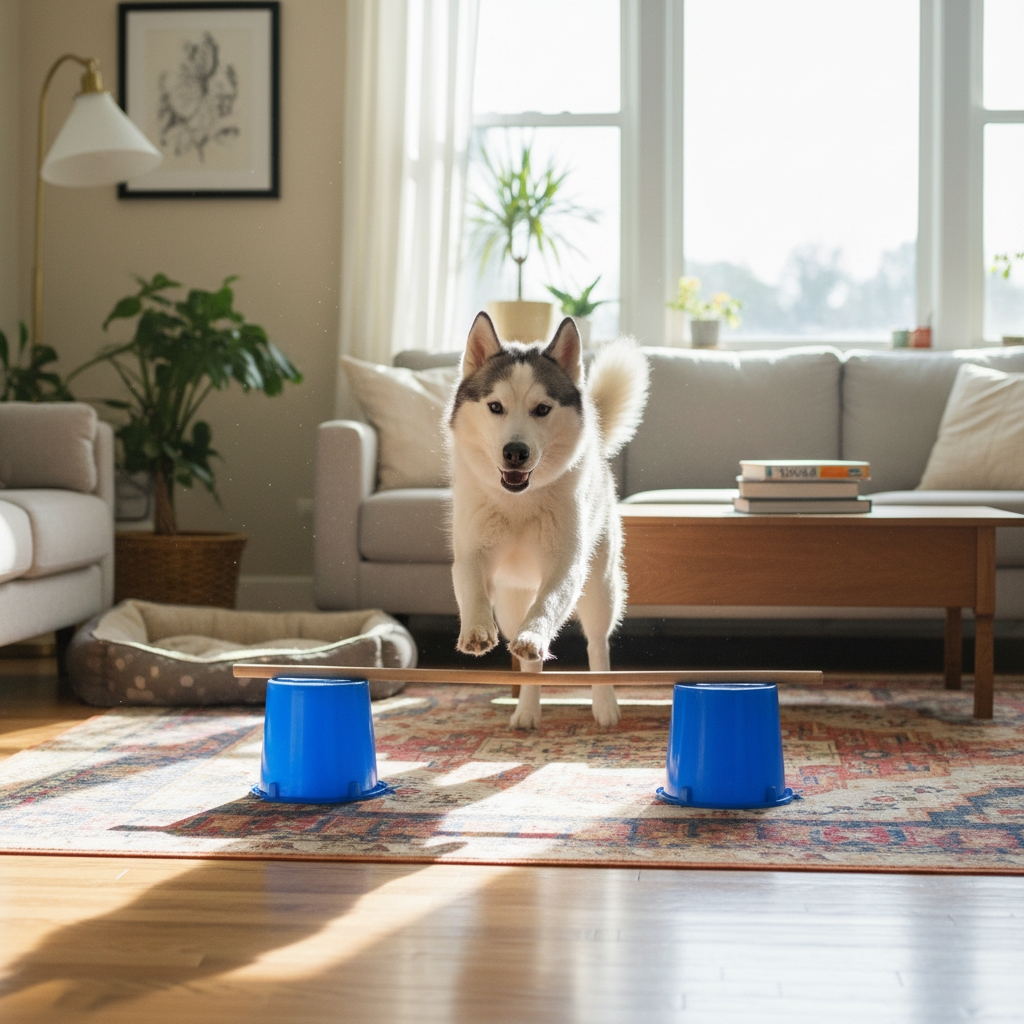 Husky jumping over indoor agility obstacle