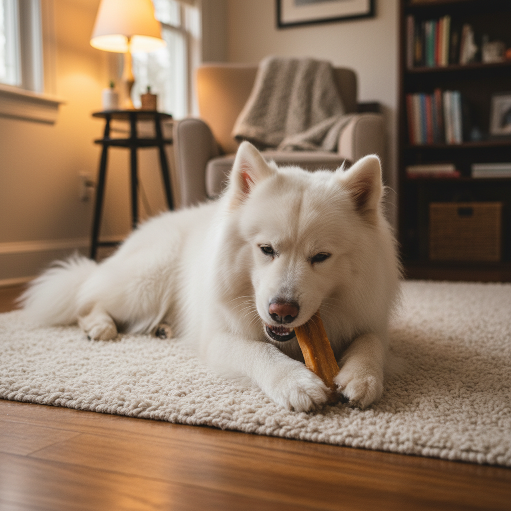 Samoyed contentedly chewing a yak chew on a soft rug