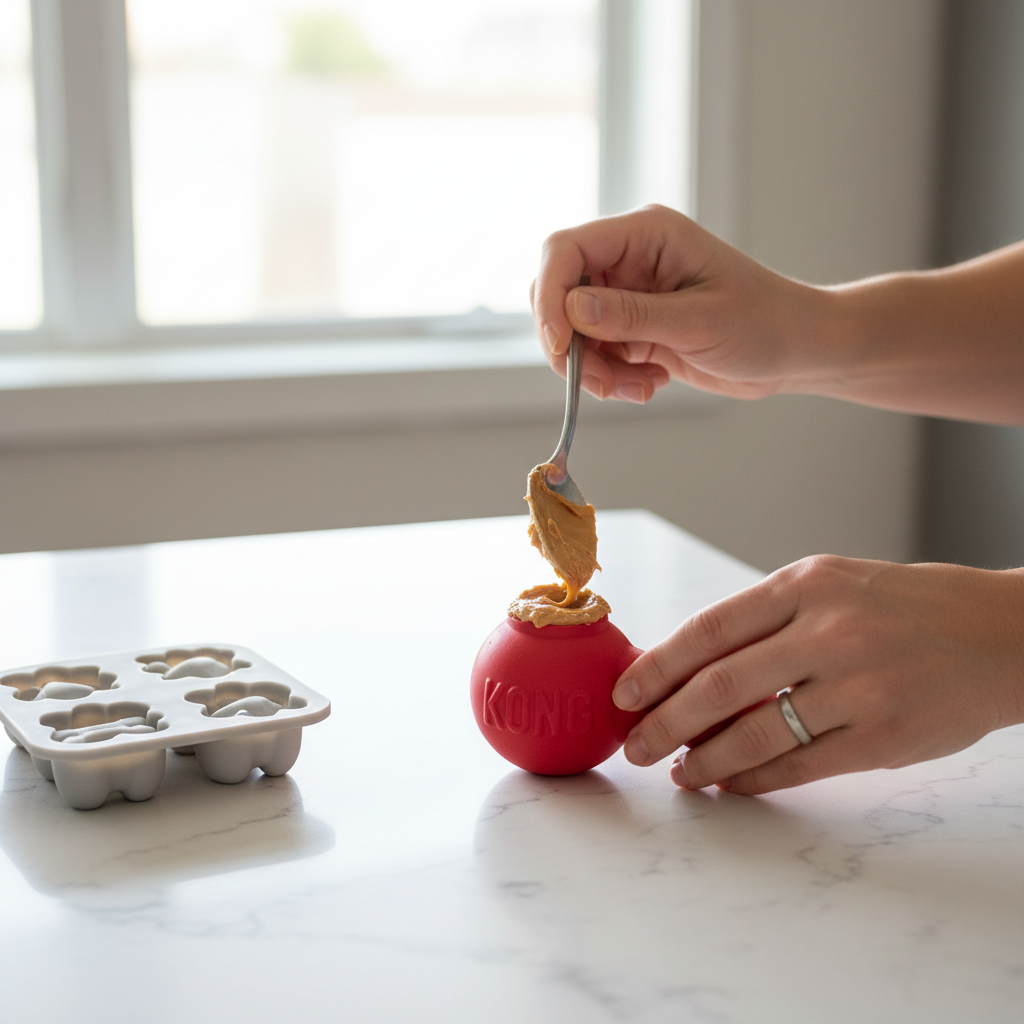 Hands preparing a frozen KONG toy with peanut butter