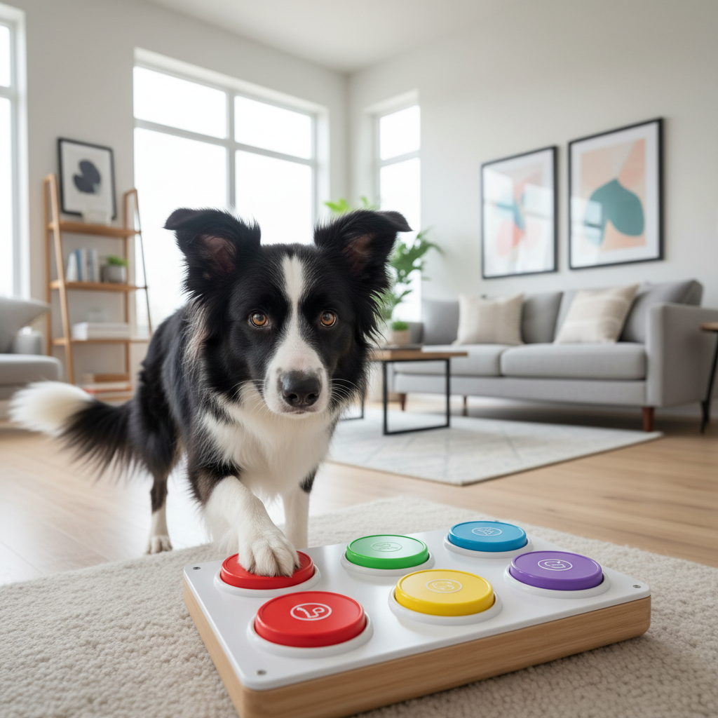 Border collie pressing a talking button soundboard