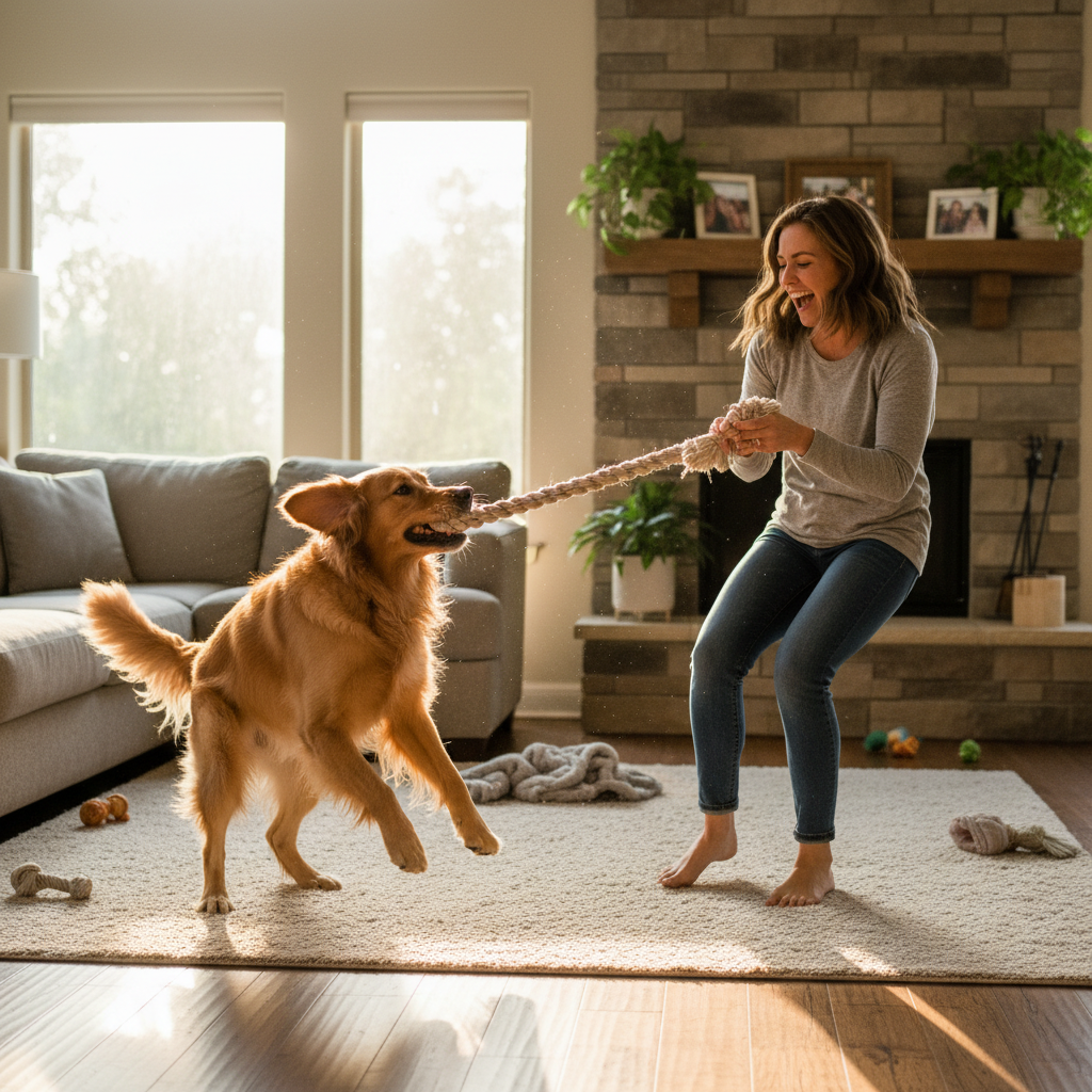 Golden retriever playing tug of war with owner indoors