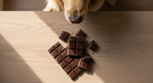 Golden Retriever looking at a chocolate bar on a wooden surface