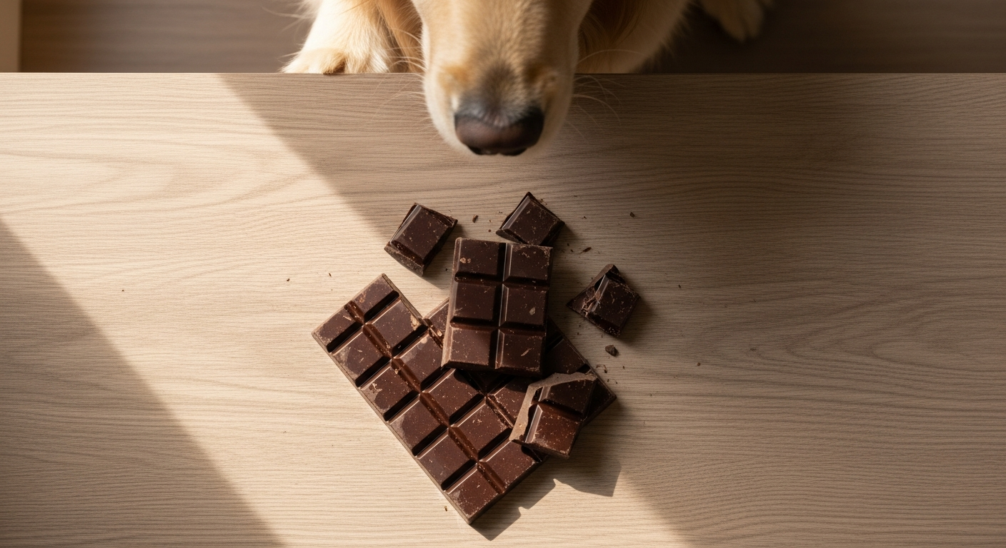 Golden Retriever looking at a chocolate bar on a wooden surface