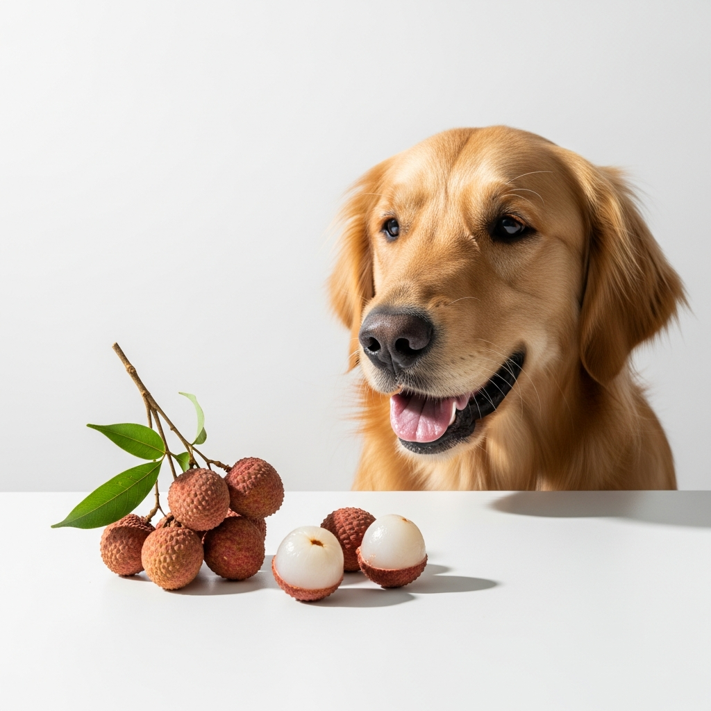 Golden Retriever with fresh lychee fruits