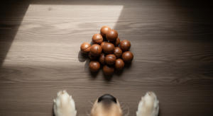 Golden Retriever looking at macadamia nuts