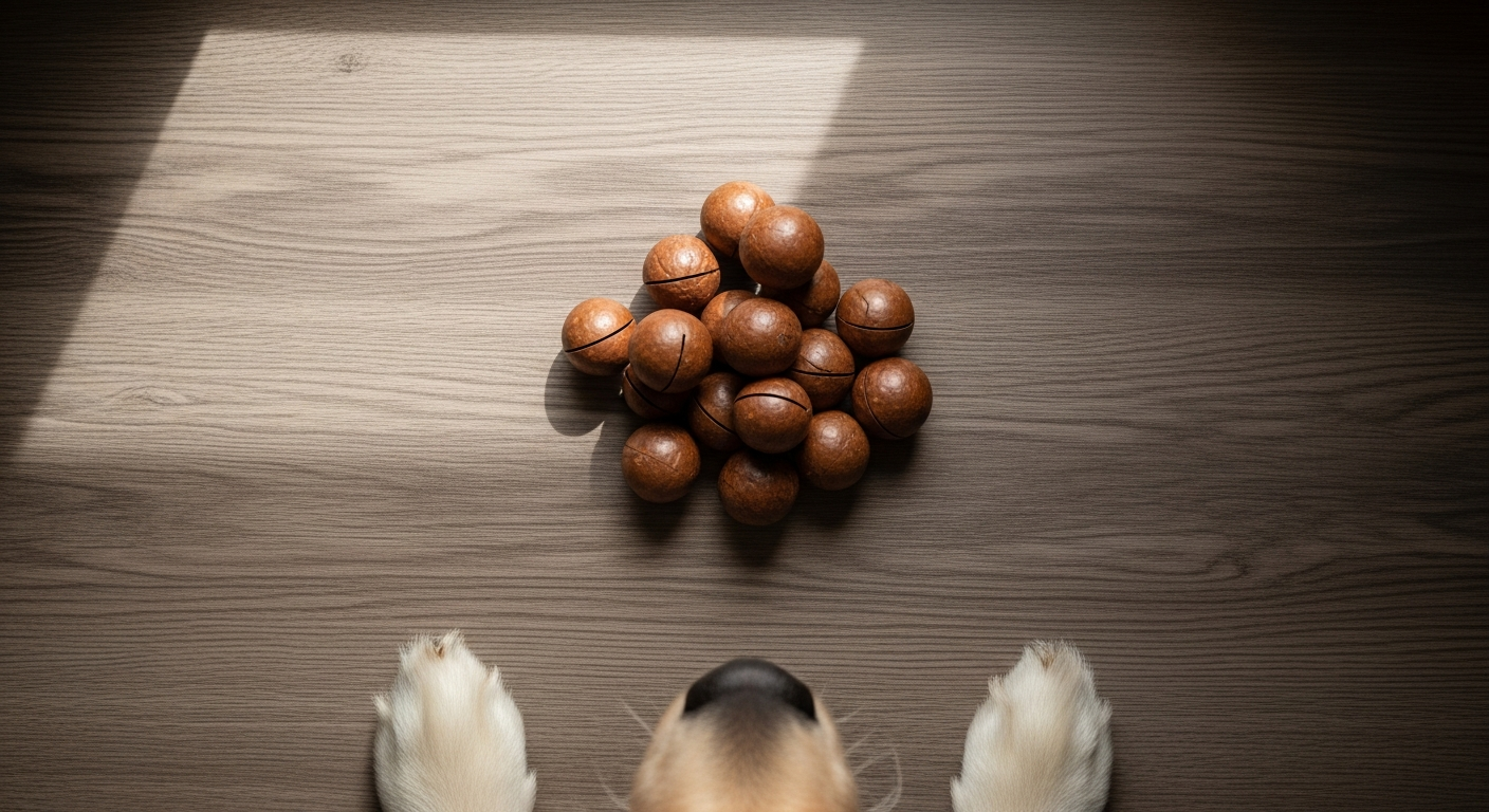 Golden Retriever looking at macadamia nuts