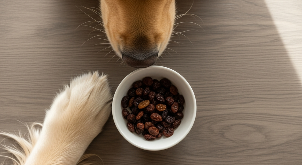 Golden Retriever looking at a small bowl of raisins on a wooden surface