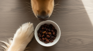 Golden Retriever looking at a small bowl of raisins on a wooden surface