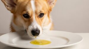 Golden Retriever with a bowl of dog food drizzled with olive oil