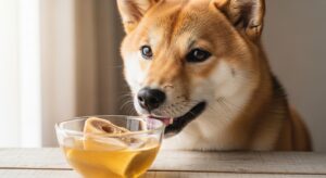 Golden Retriever happily lapping up bone broth from a ceramic bowl