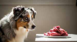 Golden Retriever sniffing a piece of raw meat on a cutting board
