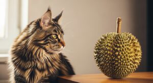 Cat sniffing a large durian fruit on a table