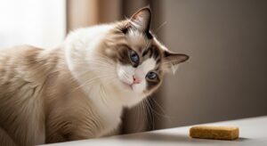 Curious tabby cat sniffing a piece of tempeh