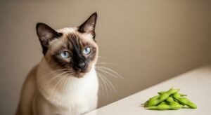 Close-up of a cat sniffing edamame beans in a pod