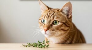 Close up of a cat sniffing fresh thyme leaves in a garden