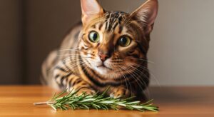 Tabby cat sniffing a small sprig of rosemary