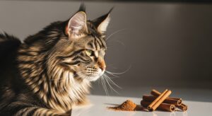 Orange cat sniffing a cinnamon stick on a kitchen counter