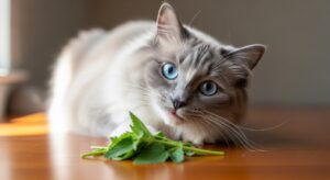 Domestic cat rolling in a pile of dried catnip