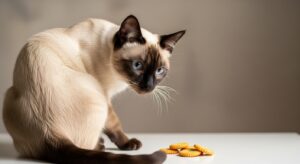 Small tabby cat looking curiously at a cracker on a kitchen counter