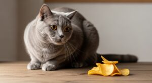 Orange tabby cat cautiously sniffing a potato chip