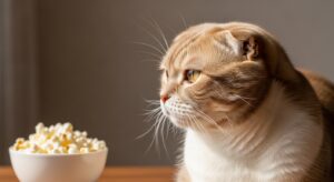Close-up of a curious tabby cat looking at a bowl of popcorn