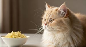 Tabby cat sniffing a bowl of plain cooked noodles