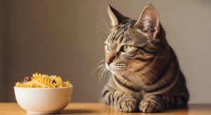 Orange tabby cat looking curiously at a small piece of cooked pasta