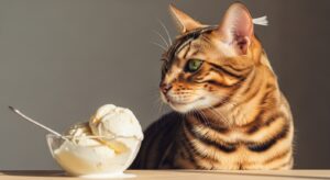 An orange tabby cat looking with curiosity at a melting scoop of vanilla ice cream