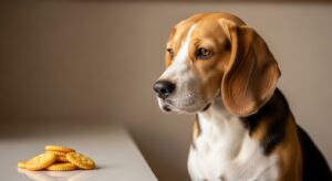 Golden Retriever looking curiously at a stack of crackers on a table
