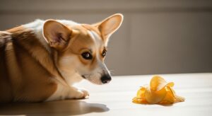 Small dog looking at a bag of potato chips curiously