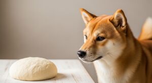 Golden Retriever looking at raw bread dough on a kitchen counter