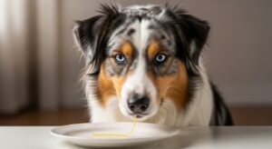 Golden Retriever looking at a small bowl of plain cooked noodles