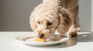 Golden Retriever looking curiously at a small bowl of plain cooked pasta