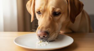 Golden Retriever gently licking a bowl of plain soy milk