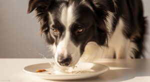 Golden Retriever drinking almond milk from a small bowl