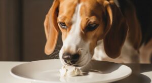 Golden Retriever looking at a small dollop of cream cheese
