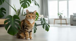 Monstera deliciosa plant with split leaves next to a curious cat