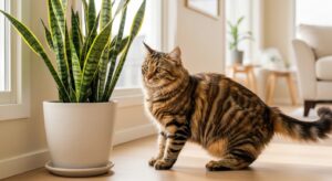Snake plant with tall upright leaves next to a cat sniffing the pot