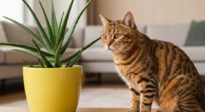 Aloe vera succulent on a windowsill next to a cat sniffing the leaves