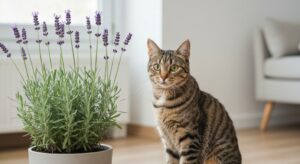 Potted lavender plant on a windowsill with a cat nearby