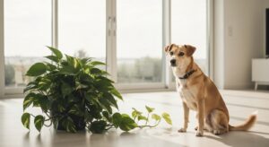 Pothos plant with trailing vines next to a dog on the floor