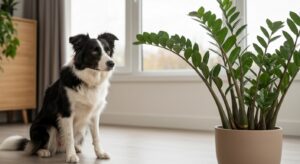 ZZ plant with glossy dark green leaves next to a dog sniffing the pot