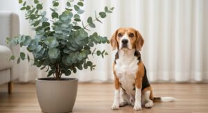 Eucalyptus branch with silvery-green leaves next to a dog sniffing it