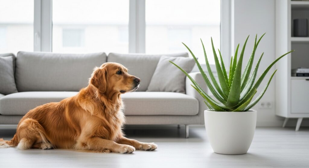 Potted aloe vera plant on a windowsill with a dog lying nearby