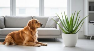 Potted aloe vera plant on a windowsill with a dog lying nearby