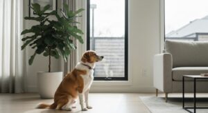Tall fiddle leaf fig tree in a living room corner with a dog lying at its base